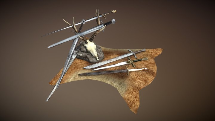 Set of 7 swords on a deerhead sword stand