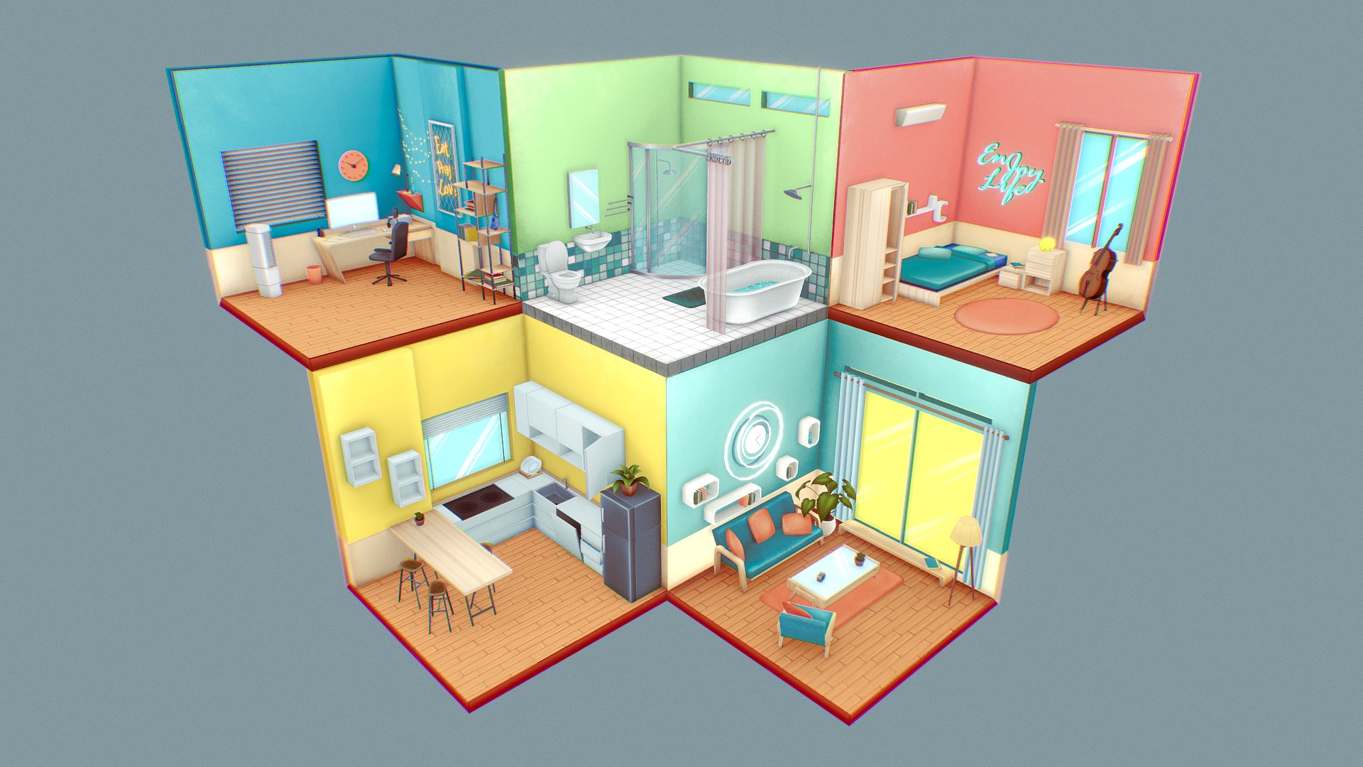 3D model Isometric Room - This is a 3D model of the Isometric Room. The 3D model is about a room with a table and chairs.