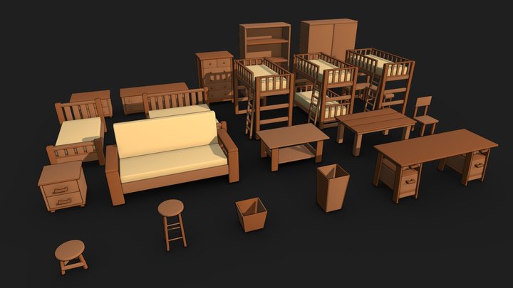 Furniture Set Cartoon Outline 3D Model