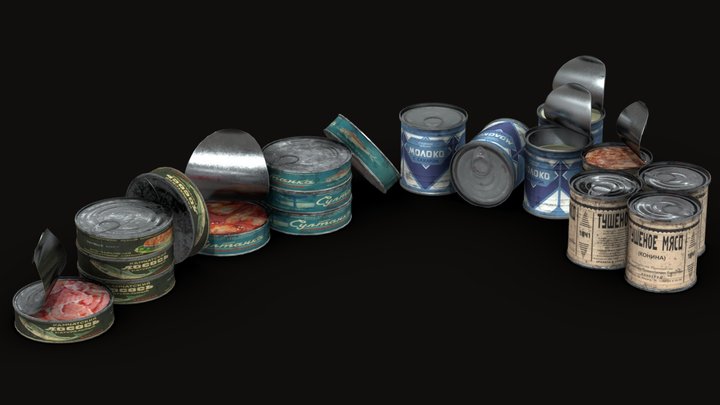 Soviet old tin cans milk, meat, fish 3D Model