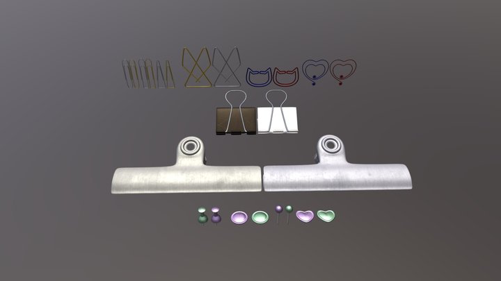 Paper Clips And Push Pins And Clamps Set 3D Model