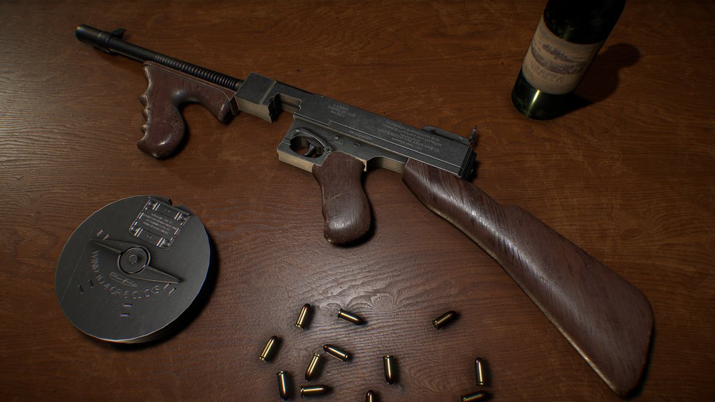 Thompson M1928 submachine gun & Grappa Bottle
