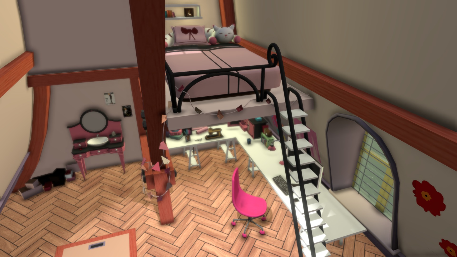 3D model Room Marinette Miraculous Ladybug - This is a 3D model of the Room Marinette Miraculous Ladybug. The 3D model is about a room with a bed and a table.