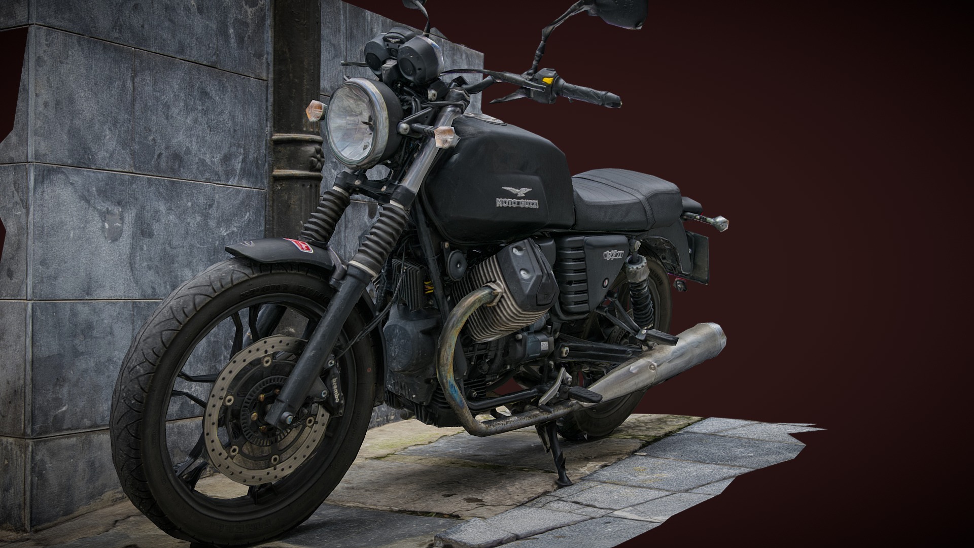 3D model MOTO GUZZI V7 photogrammetry scan - This is a 3D model of the MOTO GUZZI V7 photogrammetry scan. The 3D model is about a motorcycle parked on a sidewalk.