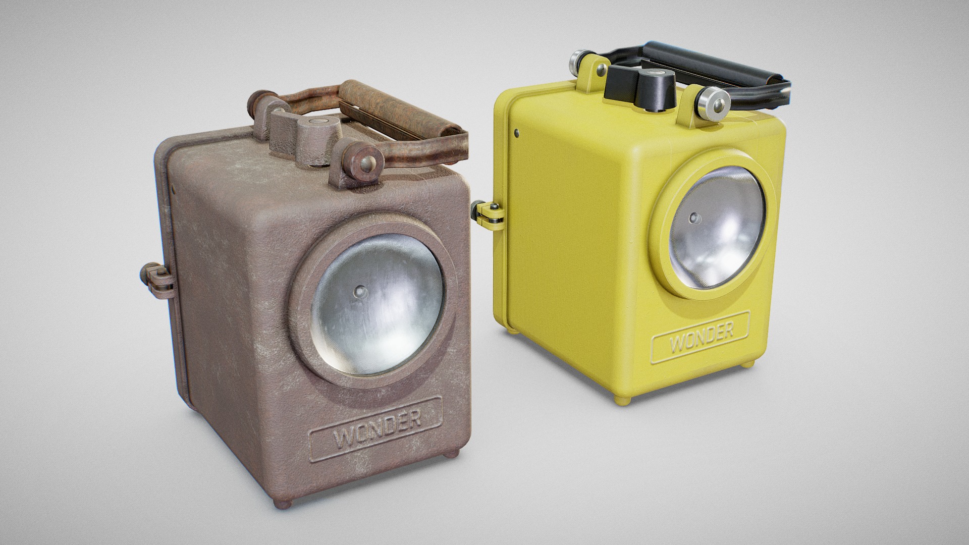 3D model Lamp – Wonder 1950s Agral (Clean & Rusty) - This is a 3D model of the Lamp - Wonder 1950s Agral (Clean & Rusty). The 3D model is about a yellow and black camera.