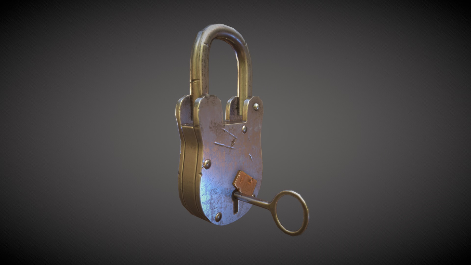 3D model padlock - This is a 3D model of the padlock. The 3D model is about a gold key with a black background.