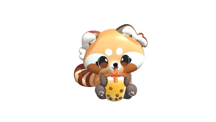 Cute cartoon red panda drinking bubble tea 3D Model