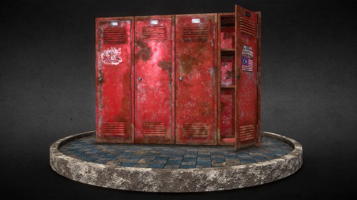 Old Red Metal Lockers 3D Model
