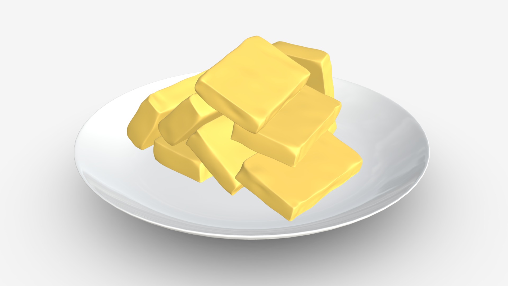 3D model Butter slices on plate - This is a 3D model of the Butter slices on plate. The 3D model is about a plate of cheese.