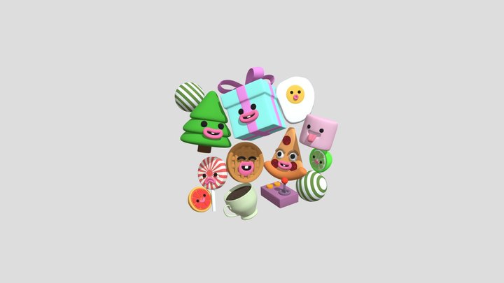 3D Low poly Catroon items with eyes and mouth