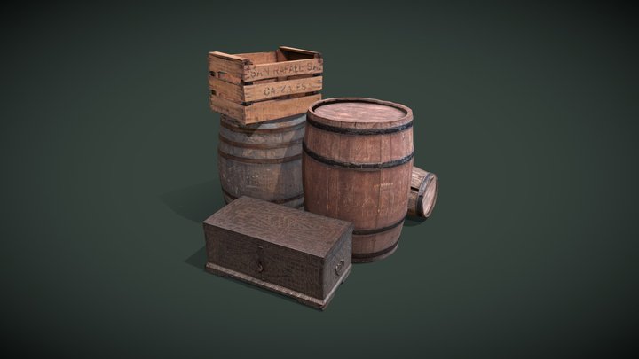 Barrel, crates and chest 3D Model