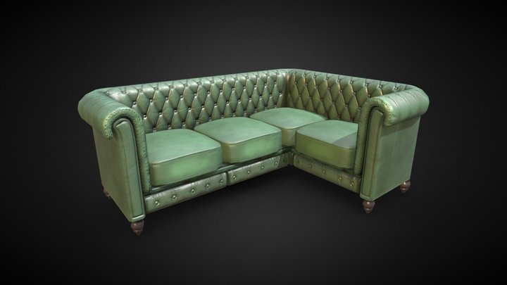 Green Chesterfield Sofa (Double + Corner) 3D Model