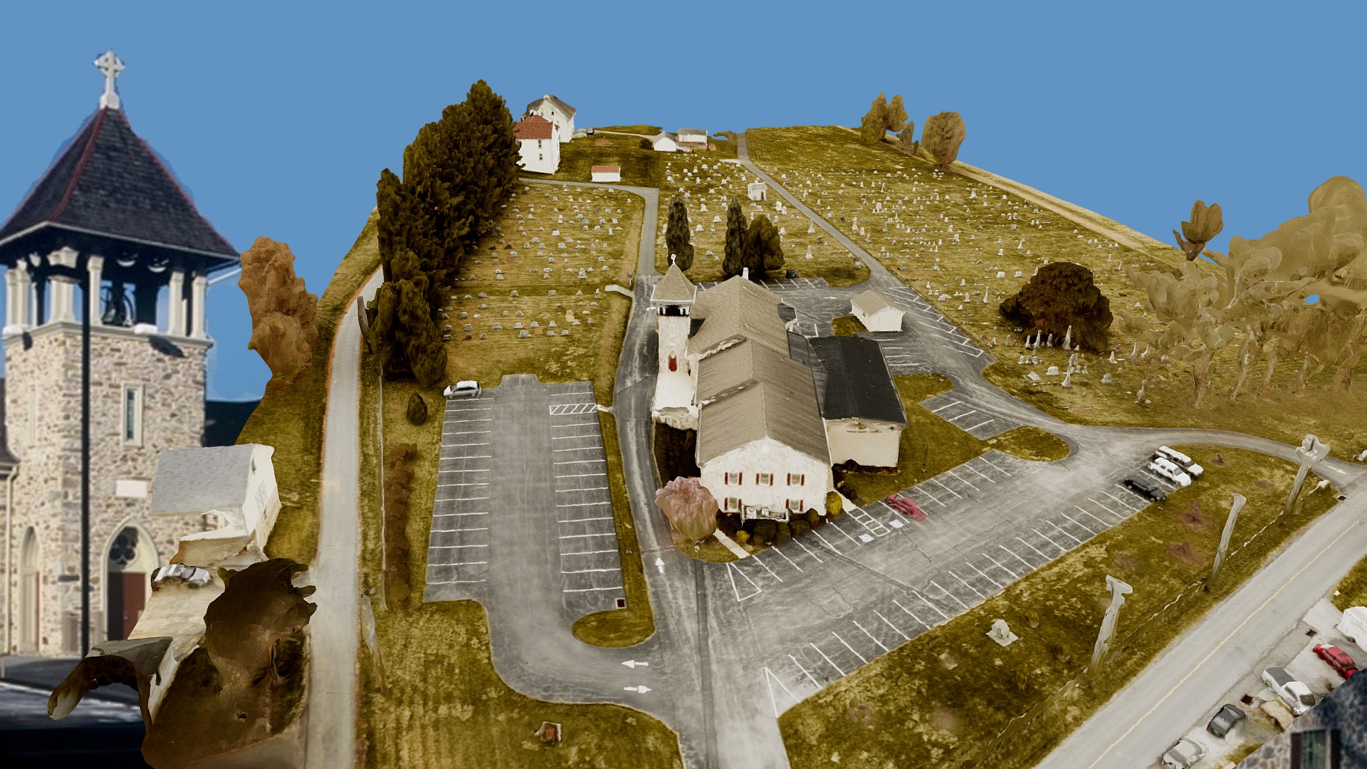 3D model Church - This is a 3D model of the Church. The 3D model is about a group of buildings with a hill in the background.