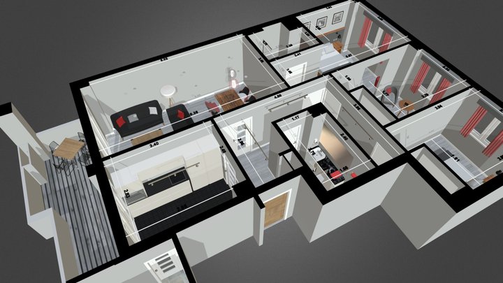 3 Bedroom flat + Furniture + Dimensions 3D Model