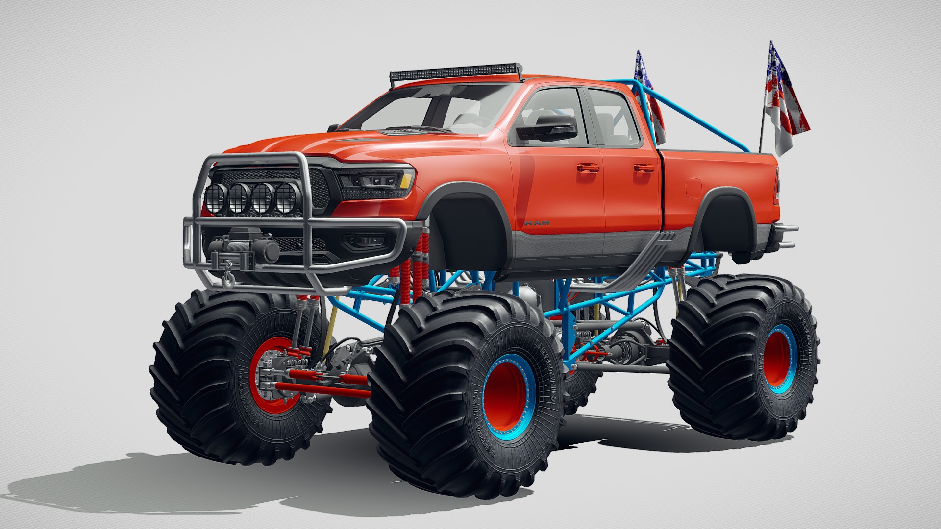 3D model Dodge RAM 1500 Rebel 2019 Monstertruck - This is a 3D model of the Dodge RAM 1500 Rebel 2019 Monstertruck. The 3D model is about a red truck with large tires.