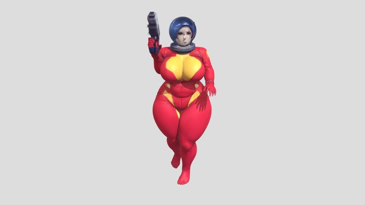 female astronaut in red suit holding gun 3D Model