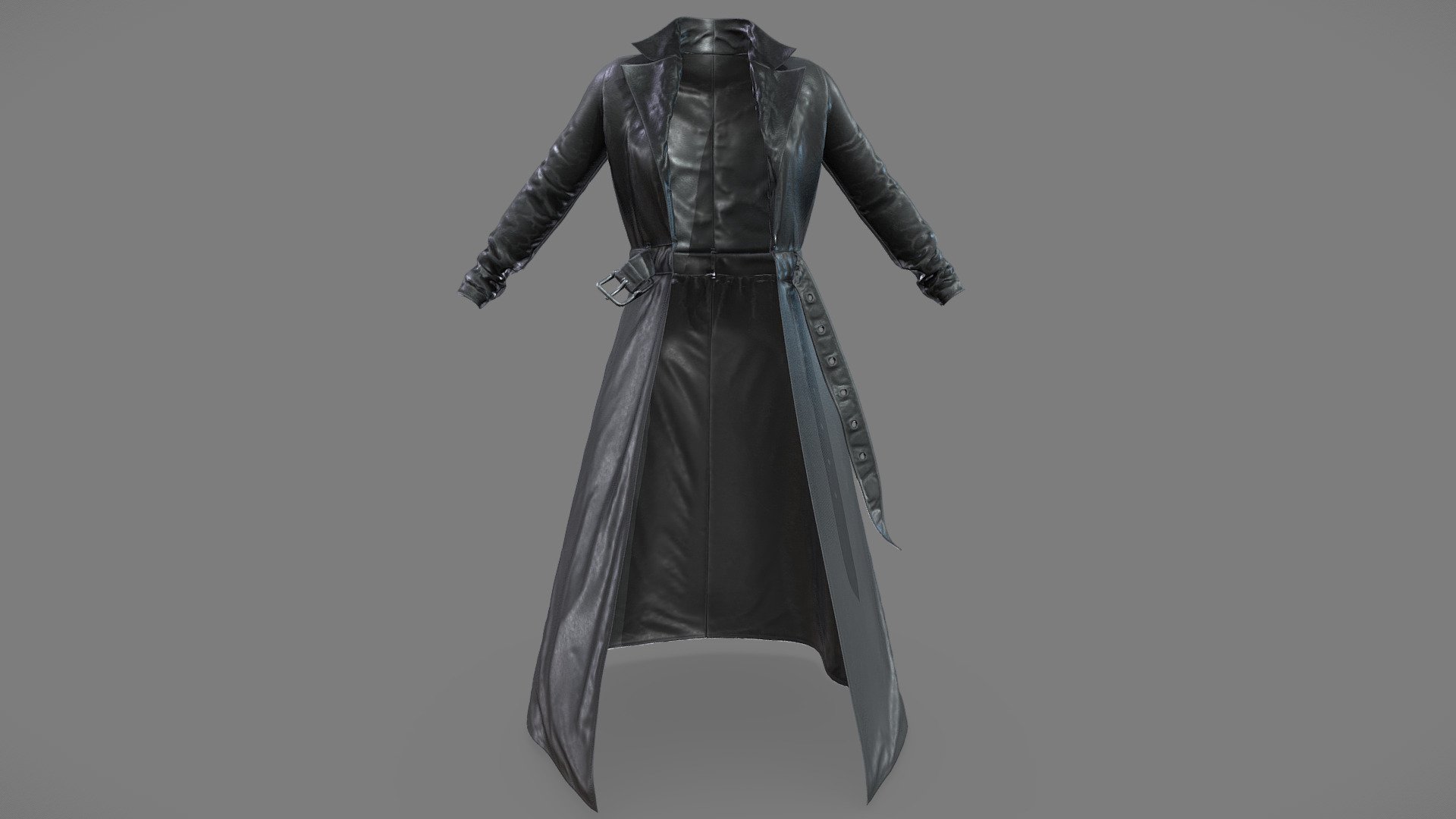 Female Open Front Long Black Leather Coat — Sketchfab embed 3D viewer