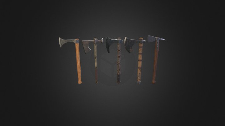 Set of five viking medieval axes 3D Model