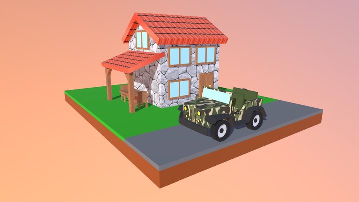 House+Jeep_Texture_Lowpoly 3D Model