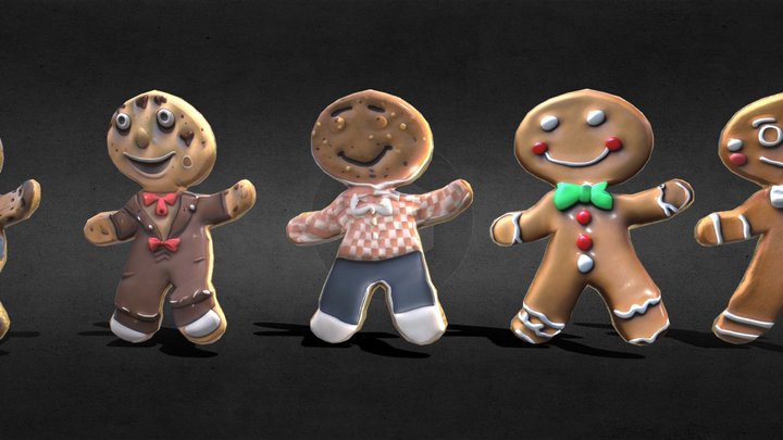 Five gingerbread man, lowpoly, game-ready 3D Model