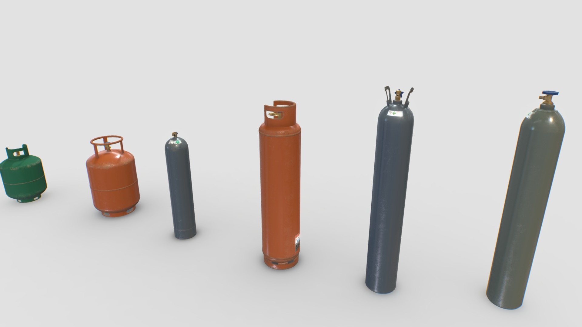 3D model Industrial Gas Cylinders Pack 2 - This is a 3D model of the Industrial Gas Cylinders Pack 2. The 3D model is about a group of different colored bottles.