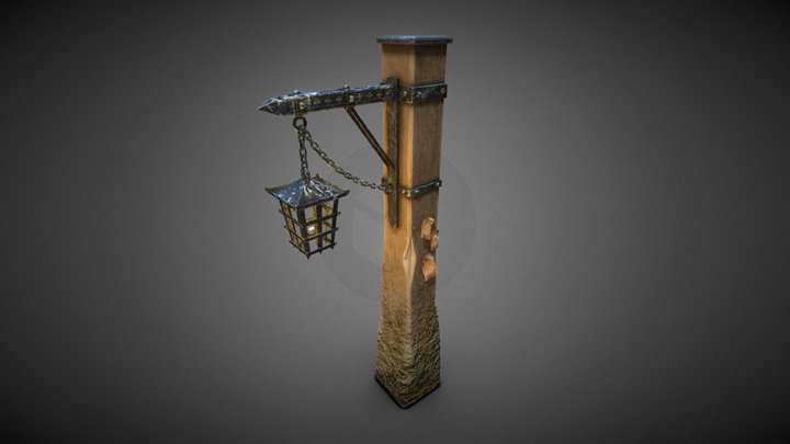 Wooden Lamp Post Medieval Fantasy Lantern 3D Model
