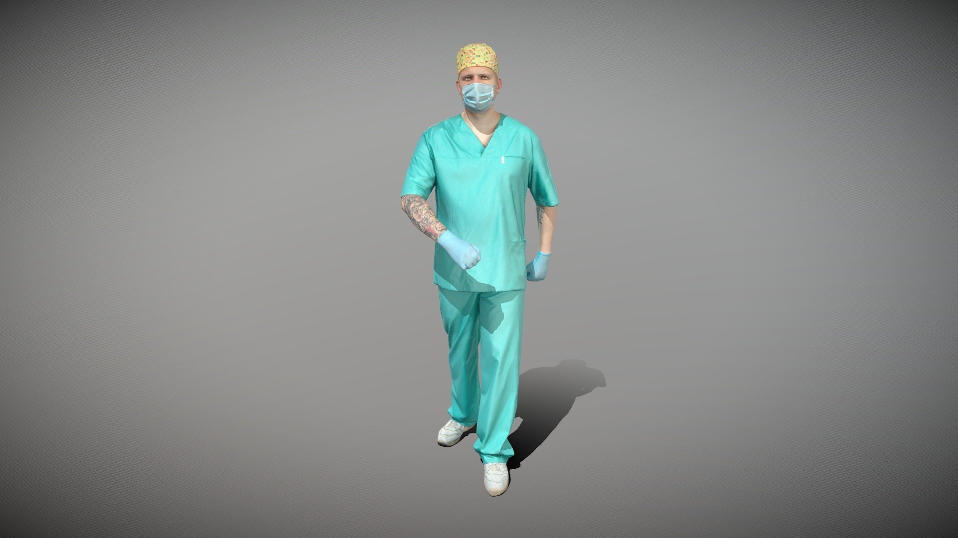 Surgical doctor with a mask walking 45