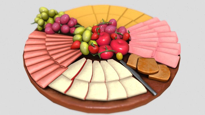Simple Charcuterie Board - Cheese, Ham and Fruit 3D Model