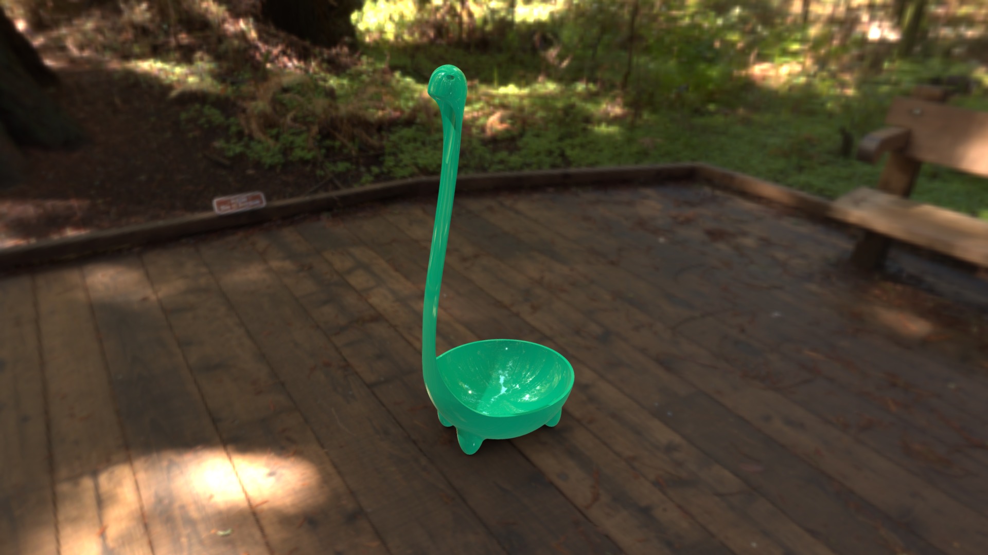 3D model DINO Ladle soup - This is a 3D model of the DINO Ladle soup. The 3D model is about a green plastic shovel on a wooden deck.