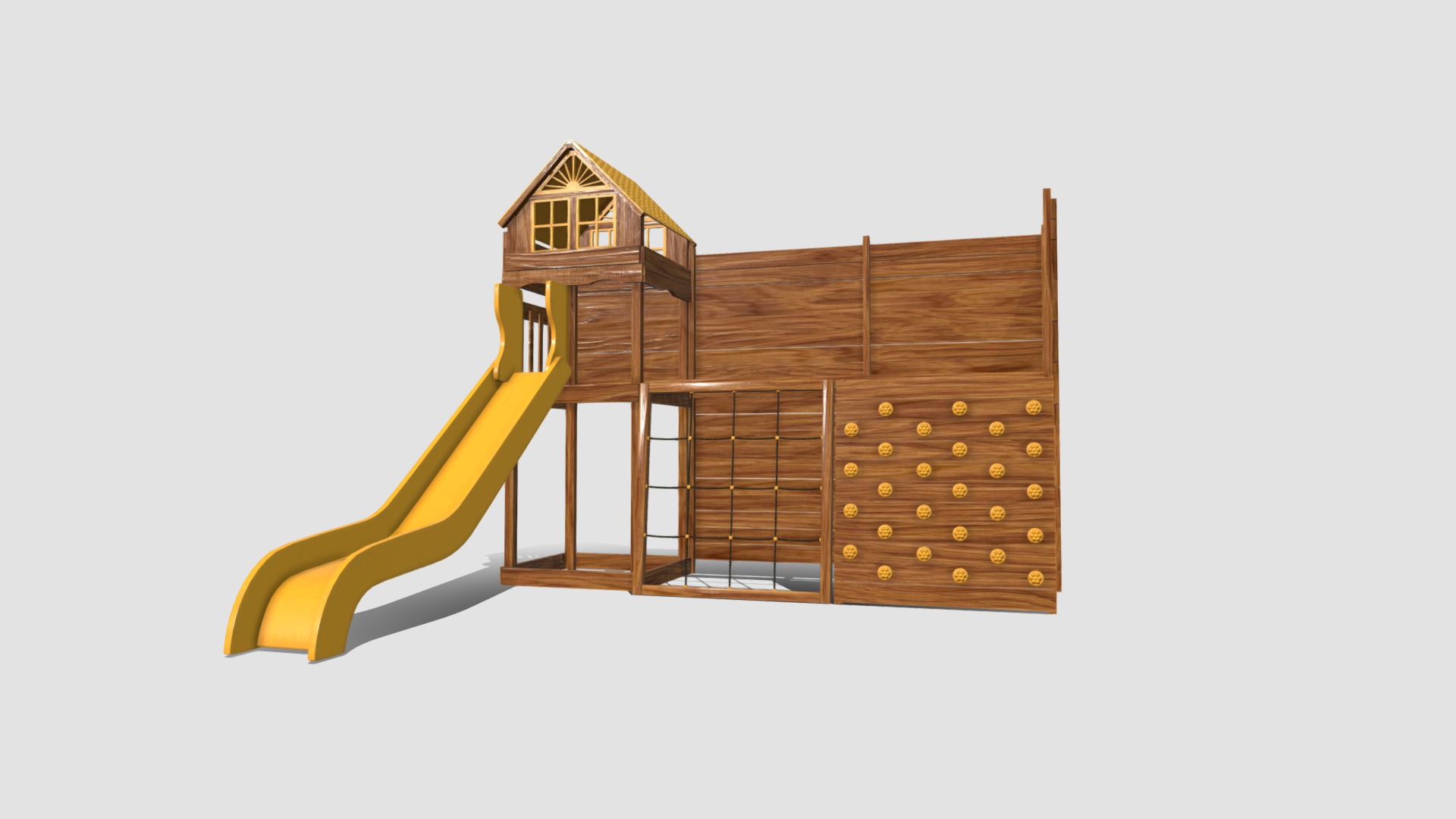 3D model Childrens wood slide - This is a 3D model of the Childrens wood slide. The 3D model is about a wooden house with a yellow slide.