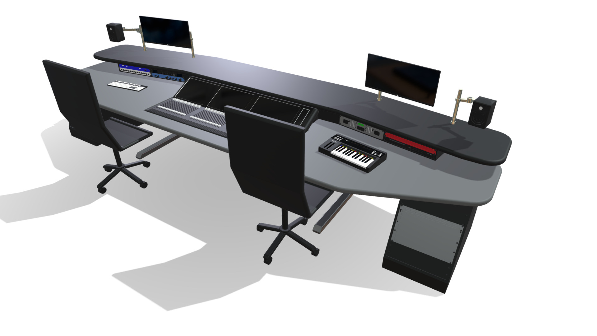 3D model Audio Production Desk - This is a 3D model of the Audio Production Desk. The 3D model is about a desk with a chair and a computer on it.