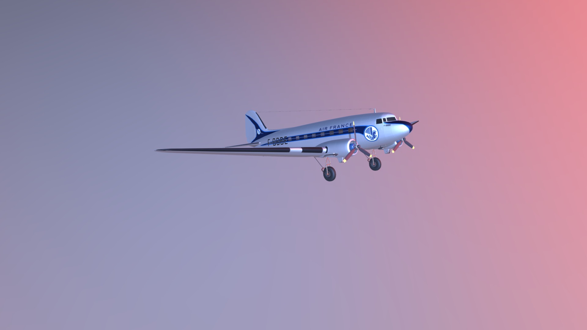 3D model Air France DC3 – Airplane - This is a 3D model of the Air France DC3 - Airplane. The 3D model is about a small airplane flying in the sky.