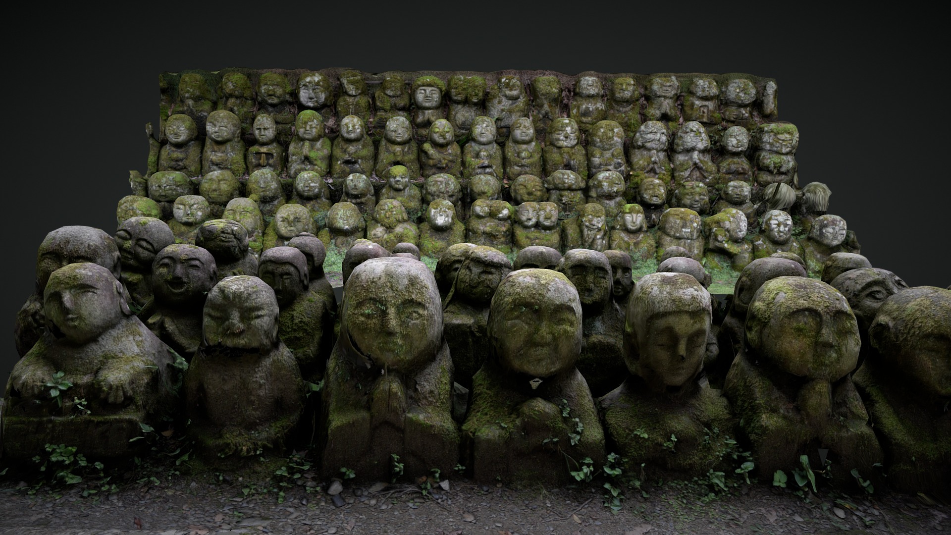 3D model Rakan statues at Otagi Nenbutsu - This is a 3D model of the Rakan statues at Otagi Nenbutsu. The 3D model is about a group of rocks stacked together.