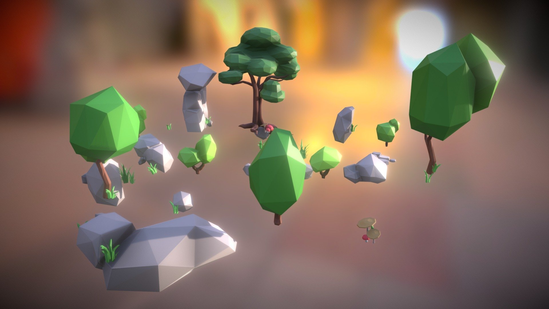 Arboles, piedras, pasto y hongos low poly