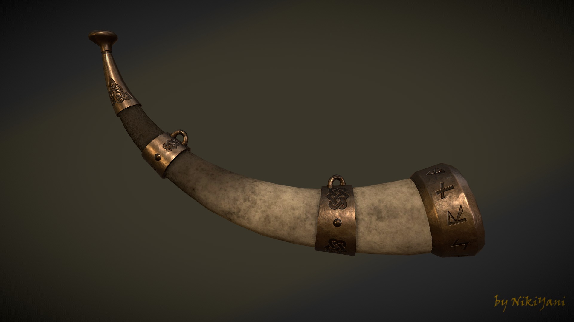 3D model Medieval scandinavian horn - This is a 3D model of the Medieval scandinavian horn. The 3D model is about a cigar with a leather strap.