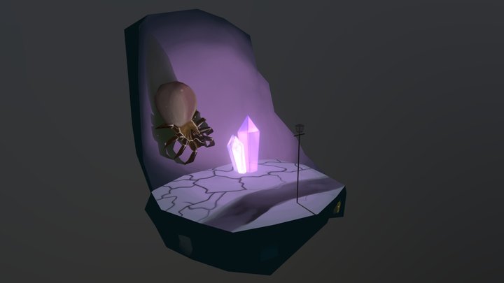 Diorama with crystals, a spider and a lamppost 3D Model