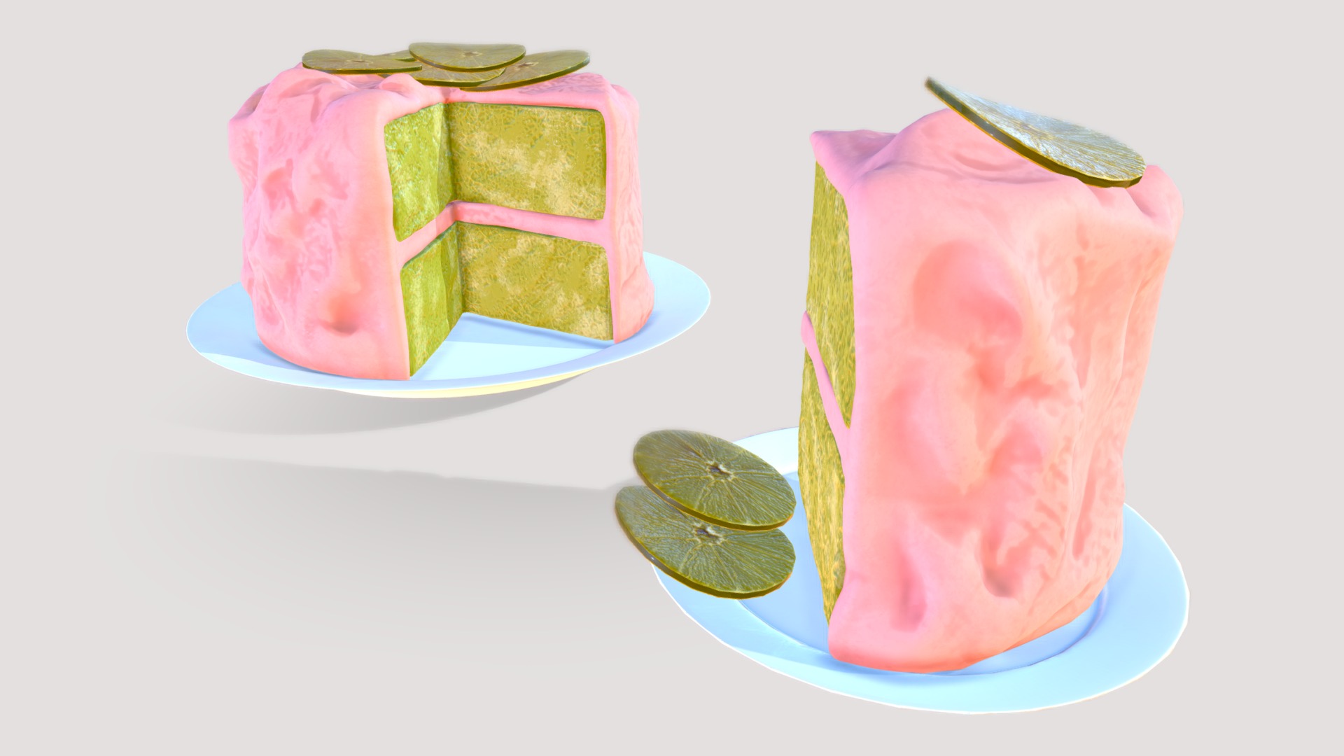3D model Cake With Pink Glaze - This is a 3D model of the Cake With Pink Glaze. The 3D model is about a couple of cupcakes with frosting and a slice of lime.