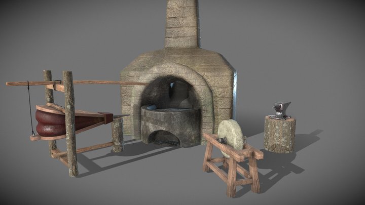 Forge  (millstone, bellows, anvil, forge) 3D Model