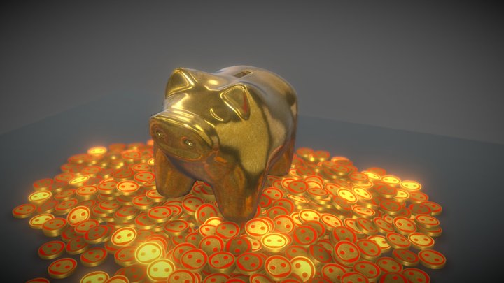 Glamorous Piggy Bank with Coins 3D Model