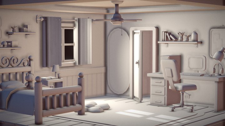 Cozy Low Poly Isometric Bedroom 3D Model