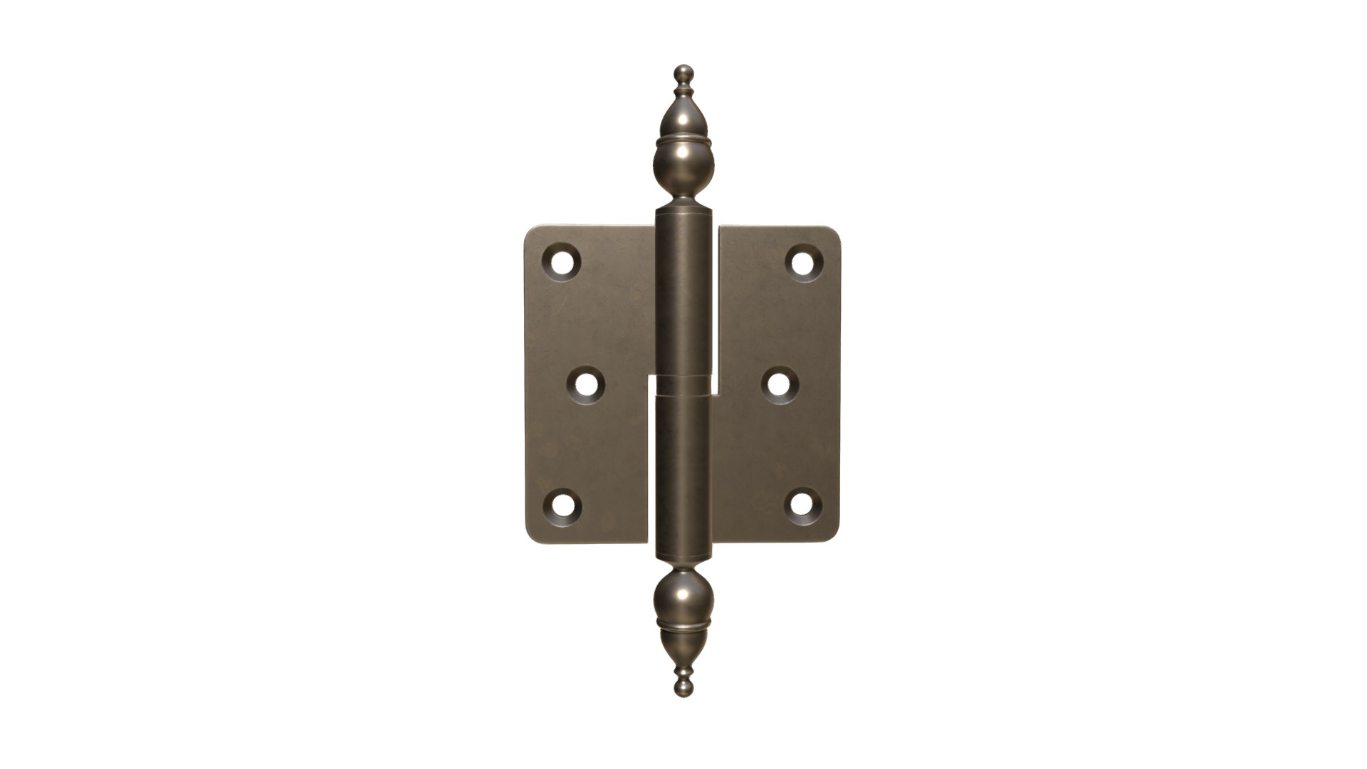 3D model Door hinge with decorative endings brass coated - This is a 3D model of the Door hinge with decorative endings brass coated. The 3D model is about a black and silver metal object.