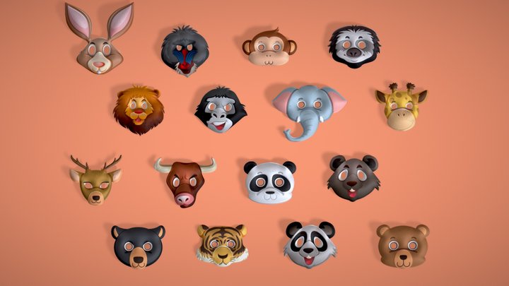Low Poly Kids Cartoon Animal Face Mask Pack 1 3D Model