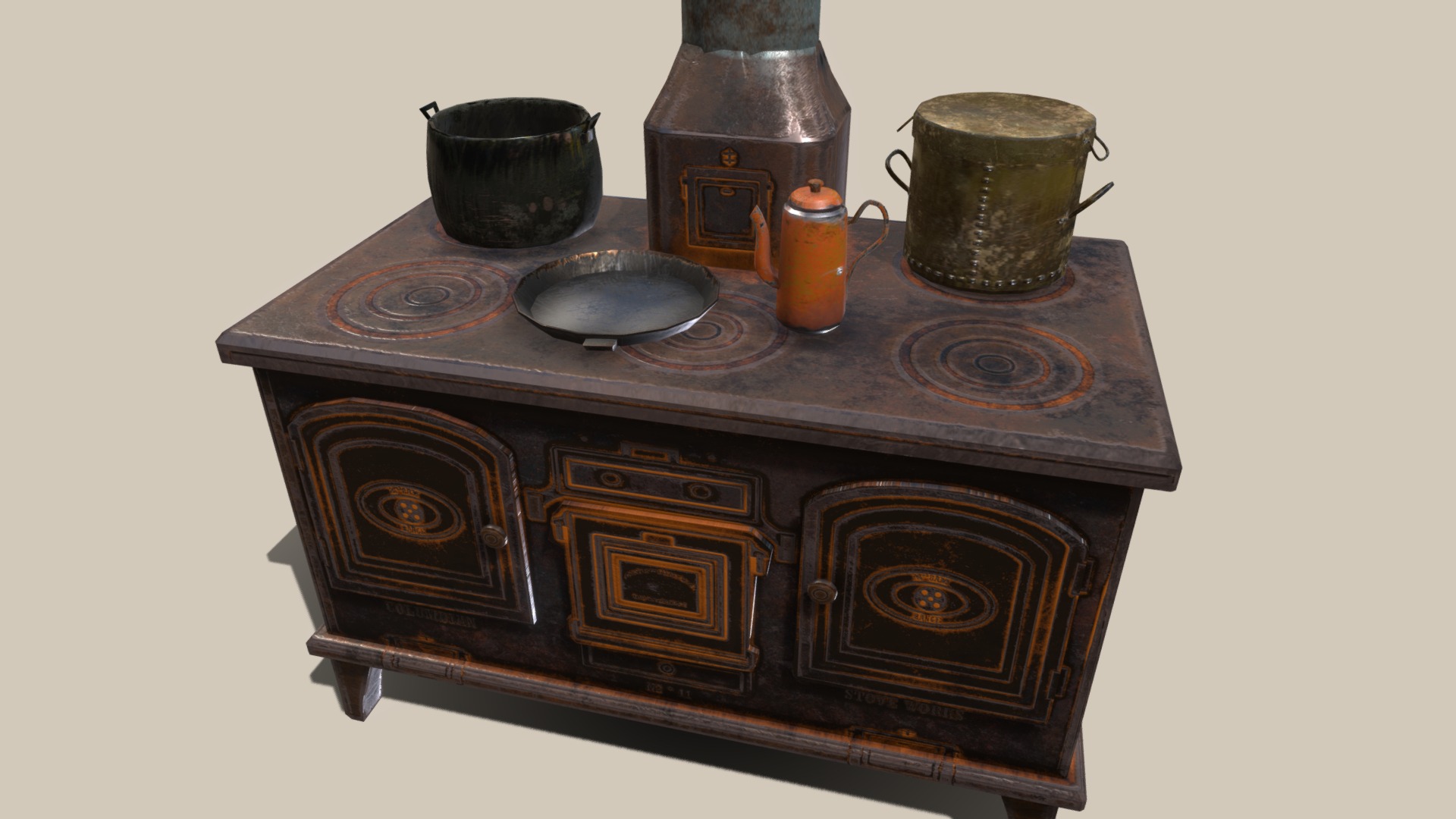3D model Old stove and pots - This is a 3D model of the Old stove and pots. The 3D model is about a wooden chest with a few pots on top.