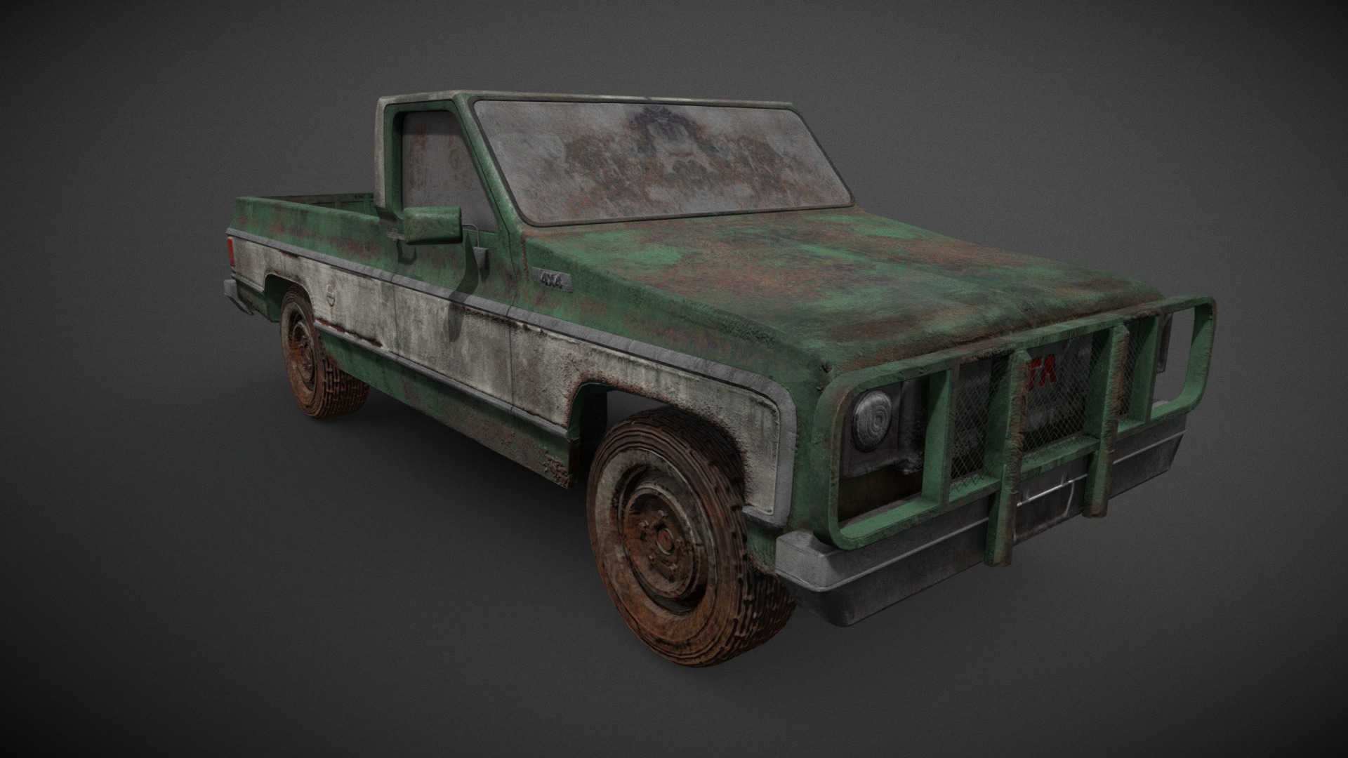 3D model Old Farm Pickup Truck - This is a 3D model of the Old Farm Pickup Truck. The 3D model is about a green car with a camouflage design.