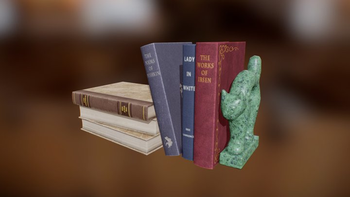 Books Set with Jade Cat book end. 3D Model