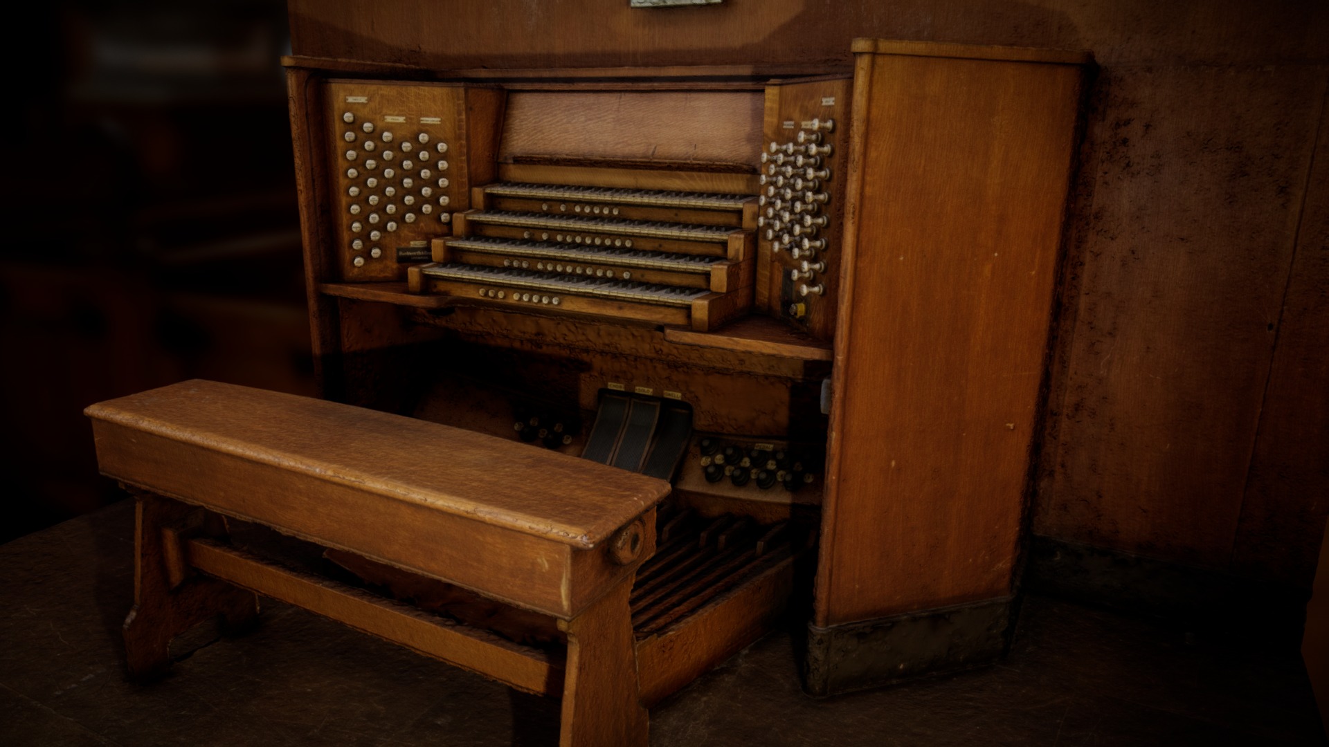 3D model Old organ - This is a 3D model of the Old organ. The 3D model is about a wood piano with a bench.