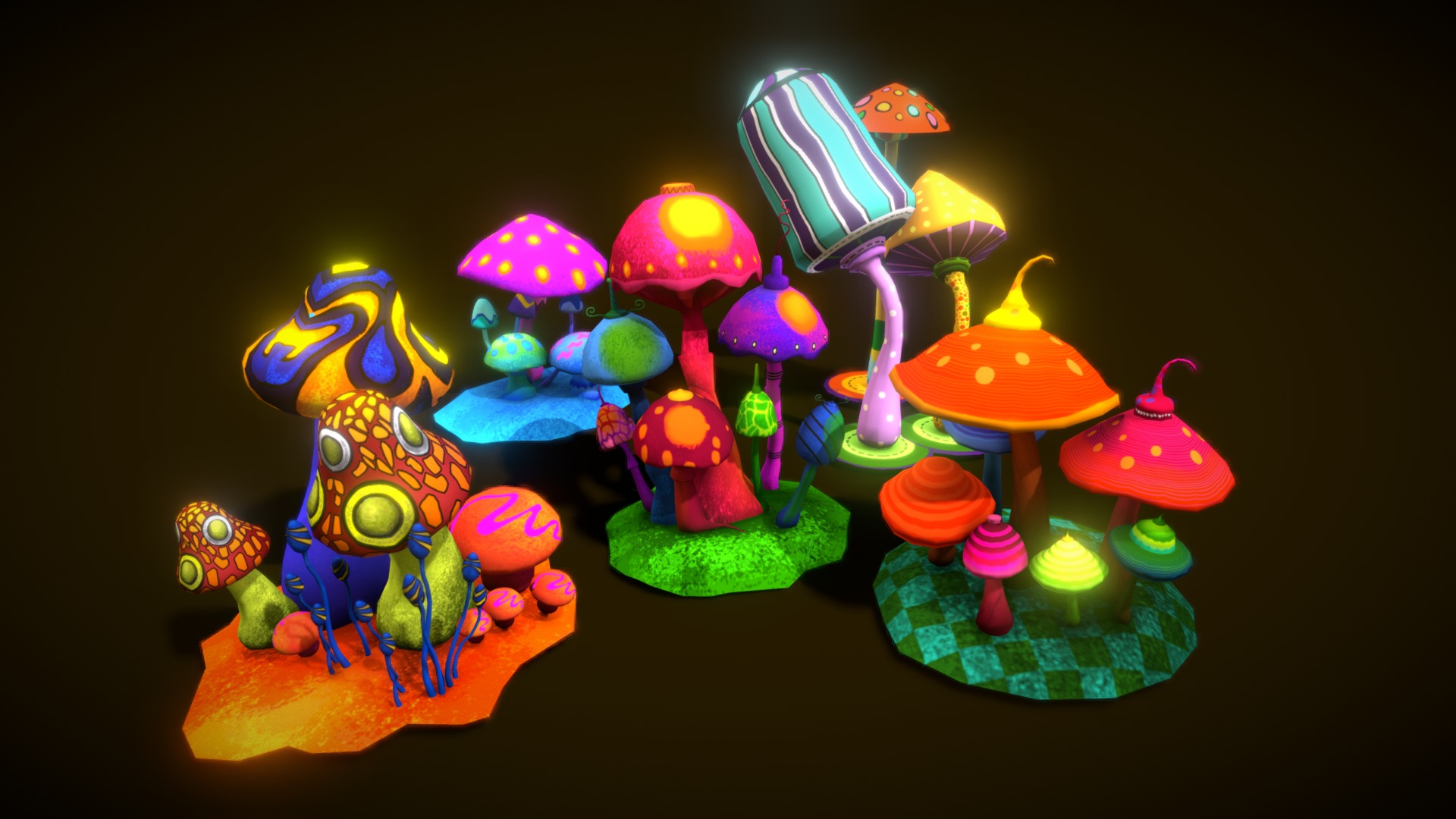 3D model Cartoon Musroom - This is a 3D model of the Cartoon Musroom. The 3D model is about a group of colorful figurines.