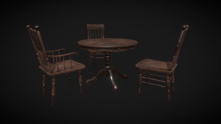 Old Wooden Table and Chairs 3D Model