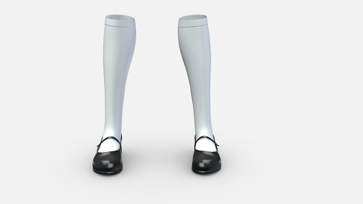Marry Jane Flat School Shoes w Long White Socks 3D Model