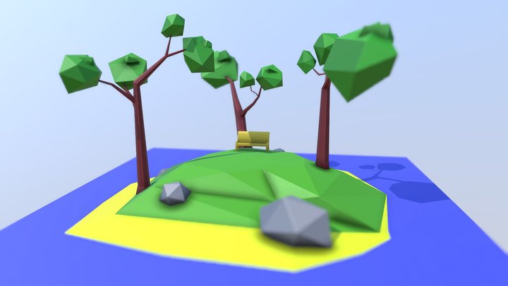 Bench with trees. (Low Poly) 3D Model